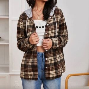 Plaid Print Drawstring Hooded Button Up Coat XS